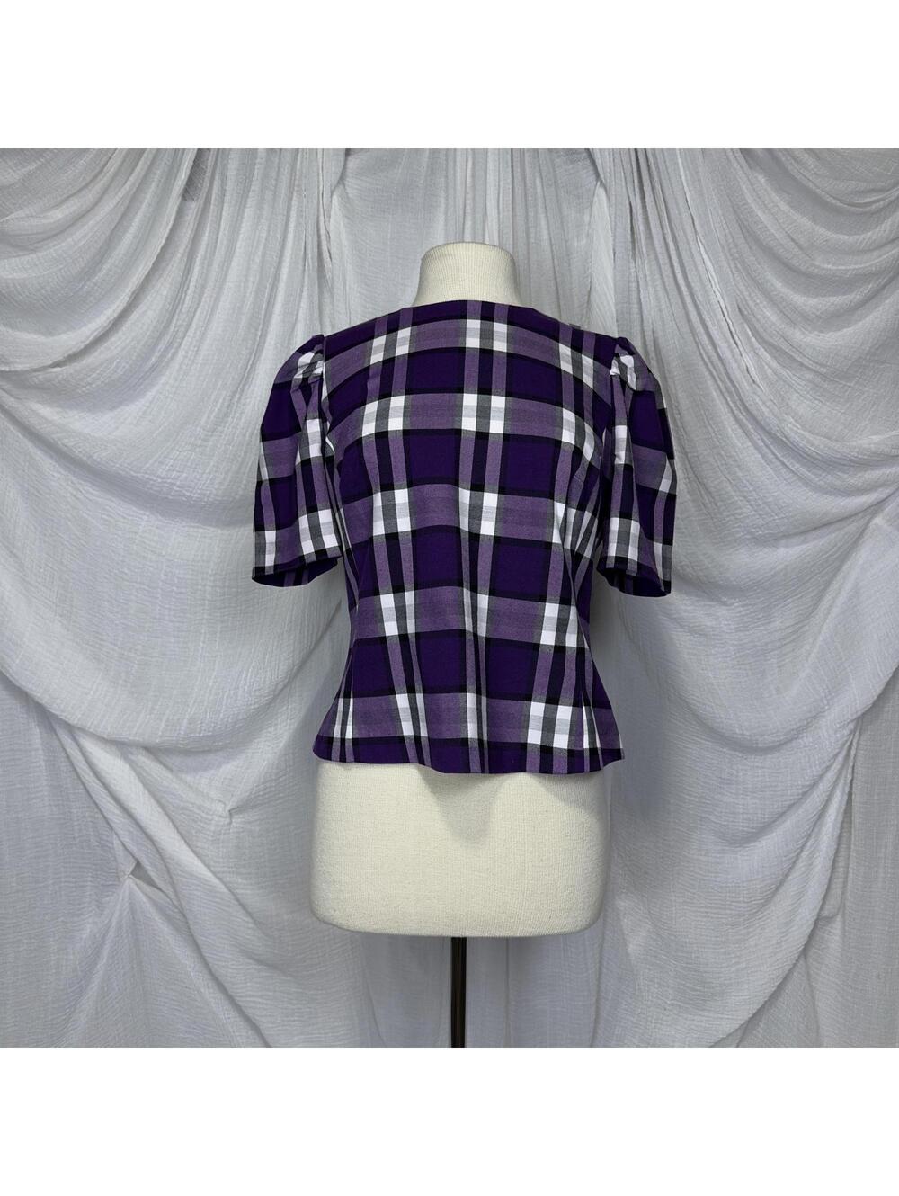 Cottage Boho Preppy Eva Mendes Purple Plaid Puff Sleeve Top Size 6